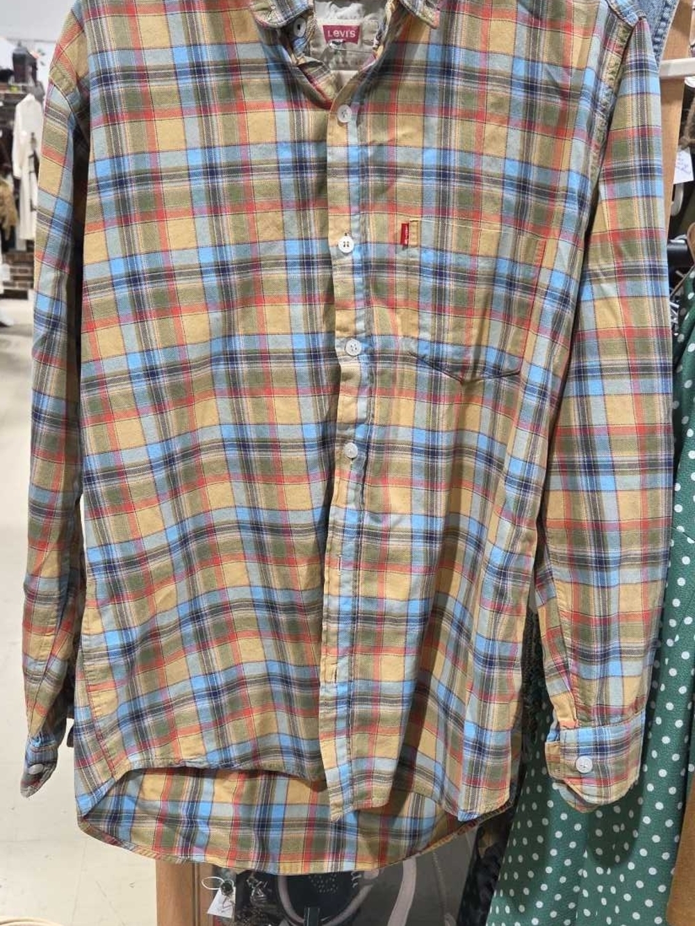 Vintage Levi's Plaid Button-Down Shirt in Tan, Blue & Red